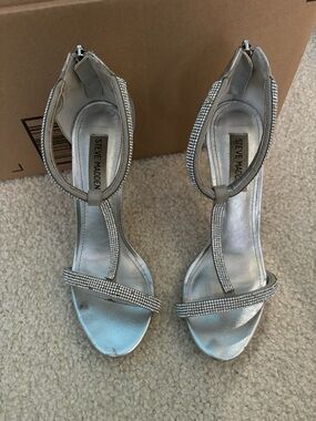 Steve Madden Silver Crystal T-Strap Heels